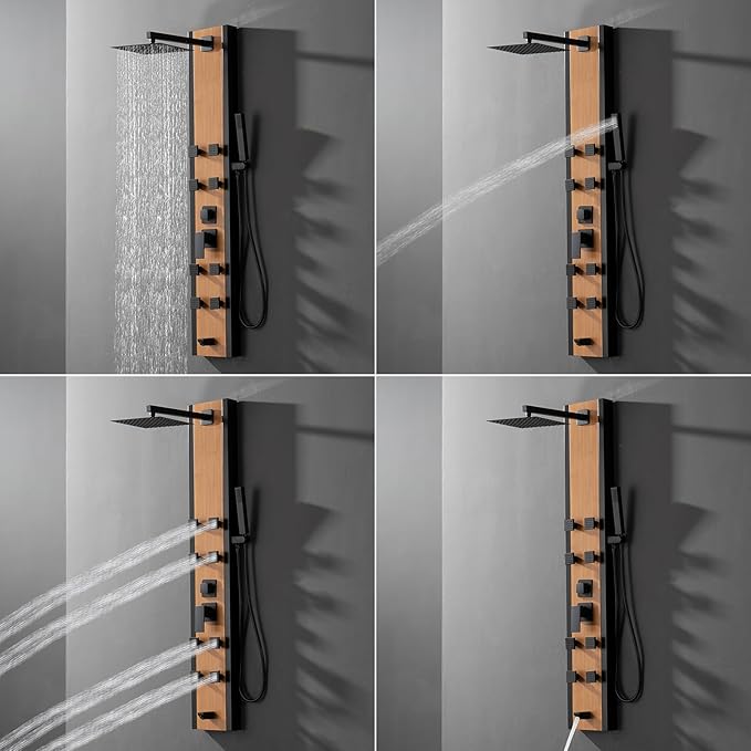 BWE Stainless Steel Shower Panel Tower System 8 Jets Multi-Function Shower Panel System Black and Bamboo Panel with Handheld Wand Wall Mount Shower Column