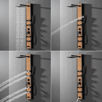 BWE Stainless Steel Shower Panel Tower System 8 Jets Multi-Function Shower Panel System Black and Bamboo Panel with Handheld Wand Wall Mount Shower Column