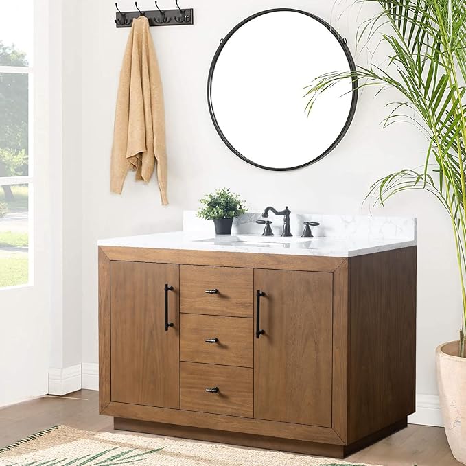 Vanity Art 48 inch Bathroom Vanity with Single Sink, Modern Wood Bath Vanity with Carrara Marble Top, Vanity Cabinet with Doors， Removable Shelf, Solid Wood Frame, Ceramic Sink, Tan, VA7048E