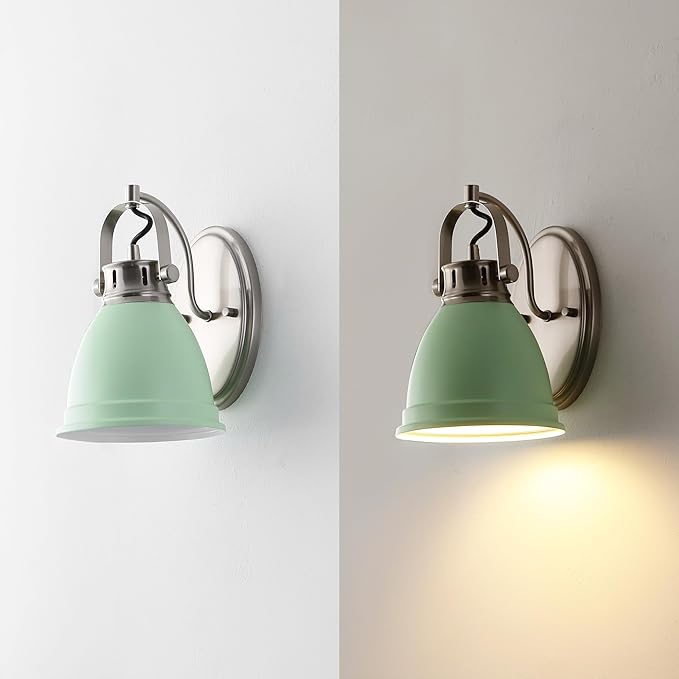 JONATHAN Y 7" Mint Green/Nickel 1-Light LED Vanity Light, Adjustable Wall Sconce for Bathroom Mirror, Farmhouse Bohemian Kitchen Light, Iron Black Bell Shade (JYL1114C)