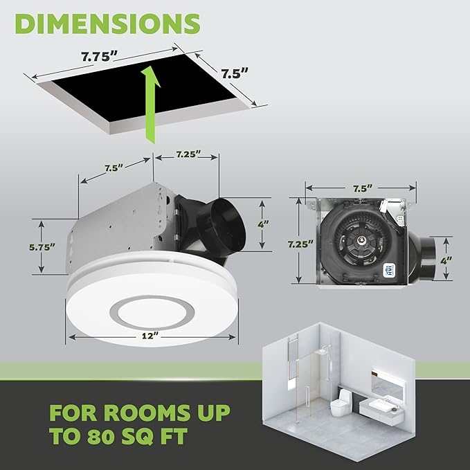 Homewerks 7141-80-CTA Bathroom Fan with LED Lights Color Changing 80 CFM 1.0 Sones Ventilation Fan with 3-Way CCT Dimmable LED Light