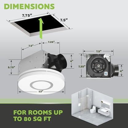 Homewerks 7141-80-CTA Bathroom Fan with LED Lights Color Changing 80 CFM 1.0 Sones Ventilation Fan with 3-Way CCT Dimmable LED Light