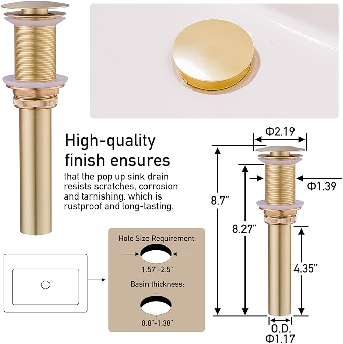 Brushed Gold Vessel Sink Faucet, 1 Hole Single Handle Tall Bathroom Vanity Faucets, Modern Utility Rv Laundry Bath Restroom Mixer Tap with Metal Pop Up Drain and 2 Water Supply Lines