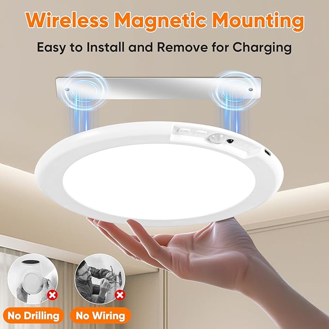 Rechargeable Motion Sensor Ceiling Light, Battery Operated Closet Light | Wireless Battery Powered LED Shower Light, Magnetic Cordless Ceiling Light with Remote, Overhead Lamp for Pantry Shed Hallway