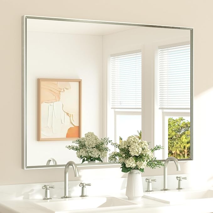 Brushed Nickel Bathroom Vanity Mirror 48" x 36" Beveled Framed Bathroom Wall Mirror for Over Sink Brushed Nickel, Tempered Glass, Modern Farmhouse Bedroom, Entryway, Living Room