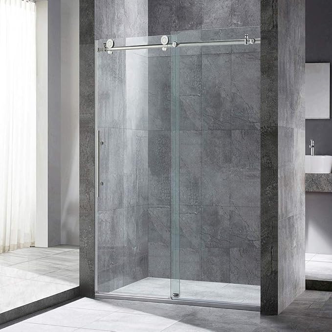 WOODBRIDGE 44-48"Wx76"H Frameless Shower Door,3/8(10mm)Clear Tempered Glass with Explosion-Proof Film, Brushed Nickel Finish with Smooth Closing Design