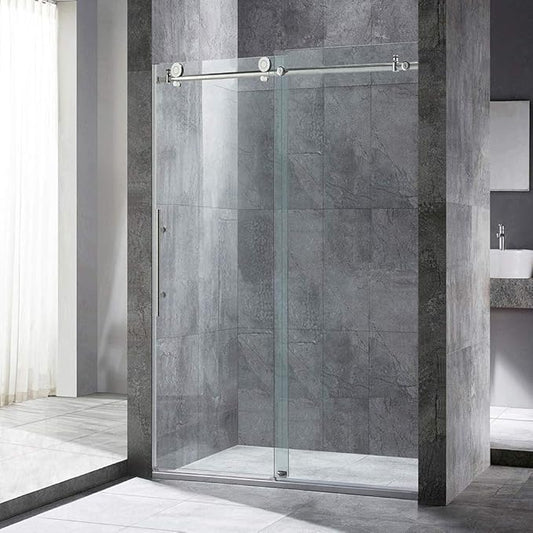 WOODBRIDGE 44-48"Wx76"H Frameless Shower Door,3/8(10mm)Clear Tempered Glass with Explosion-Proof Film, Brushed Nickel Finish with Smooth Closing Design