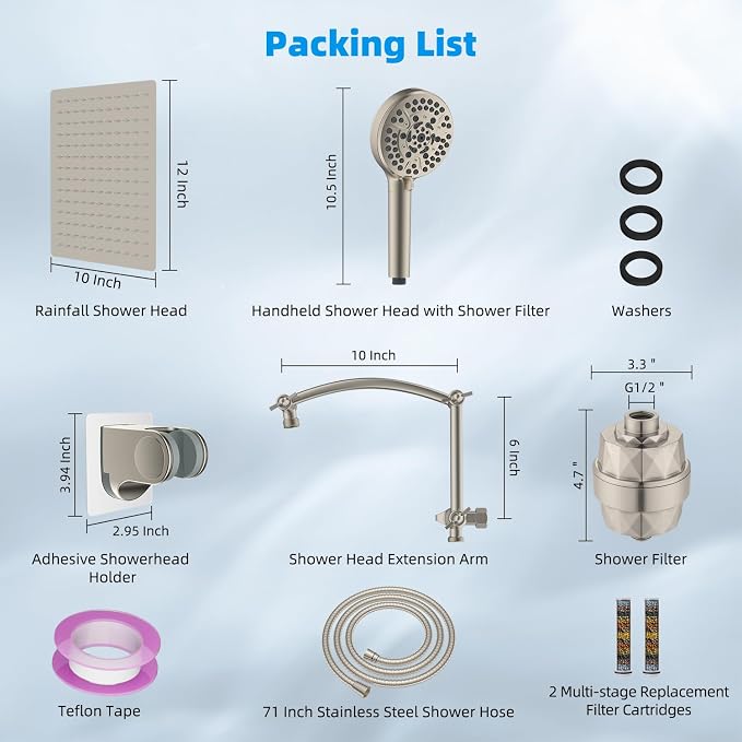 Hibbent 12" Dual Filtered Shower Head 10-spray Handheld, Brushed Nickel | All Metal High Pressure Rainfall Shower Head Combo with Filter, 16" Extension Arm, 3-way Diverter, 71" Hose & Shower Holder