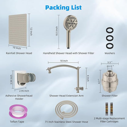 Hibbent 12" Dual Filtered Shower Head 10-spray Handheld, Brushed Nickel | All Metal High Pressure Rainfall Shower Head Combo with Filter, 16" Extension Arm, 3-way Diverter, 71" Hose & Shower Holder