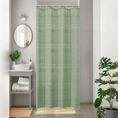 Small Stall Shower Curtain - Linen Textured Bathroom Curtain with Boho Tassel, Heavy Duty Farmhouse Bath Decor for RV Camper, Machine Washable, 36Wx72L Inches, Light Green