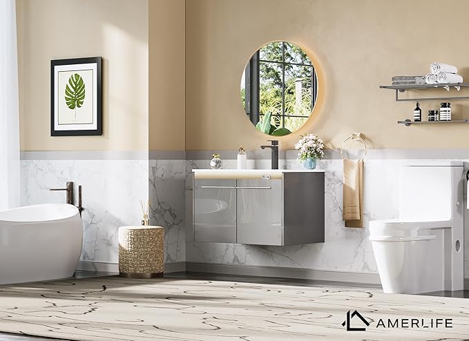 AMERLIFE 31" LED Floating Bathroom Vanity with Single Sink, Modern High Gloss Wall Mounted Bathroom Storage Cabinet with Metal Handles, Gray