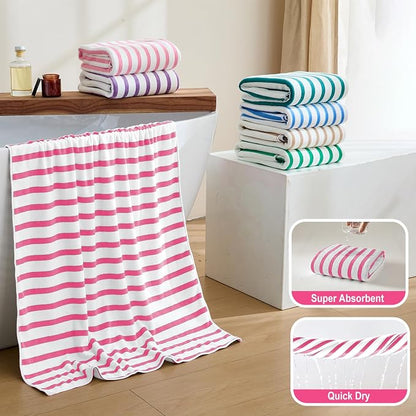 JML Microfiber Beach Towels, 4 Pack, 27" x 55", Stripe Pink | Soft, Super Absorbent, Fast Drying Bath Towel Set for Swimming, Pool, Summer Beach Party