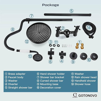gotonovo Luxury Exposed Shower Faucet Set Bathroom Shower System 8 Inch Wall Mount Rainfall Shower Head with Handheld Spray Cross Double Handle Shower Fixture Adjustable Arc Rod Oil Rubbed Bronze