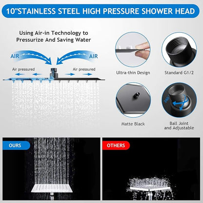 Black Shower Head Combo,10 Inch High Pressure Rain with 11" Extension Arm | 5 Settings Handheld Powerful Shower Spray Against Low Pressure Water, Free Installation Matte Black