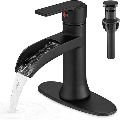 Matte Black Waterfall Bathroom Faucets, 1 Hole or 3 Hole (4 Inch) Bathroom Sink Faucet with Drain, Deck Plate, 1 Handle for Vanity, Restroom, RV, Modern, Brass Material