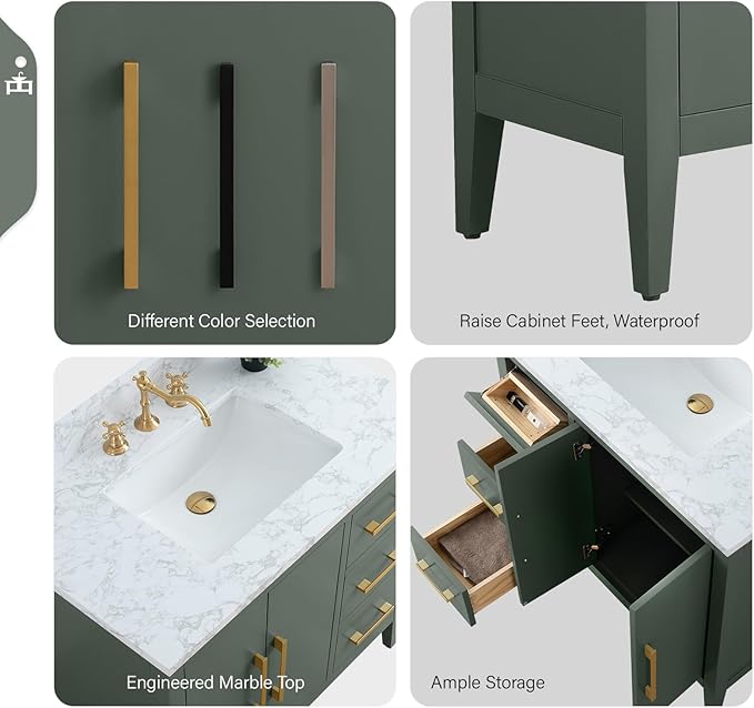 Vanity Art 36 inch Bathroom Vanity with Single Sink & Ceramic Top, Vanity Cabinet with Soft-Closing Doors, Drawers, Solid Wood Frame, Vintage Green, VA9036-VG-BN1