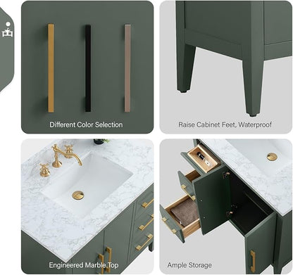 Vanity Art 36 inch Bathroom Vanity with Single Sink & Ceramic Top, Vanity Cabinet with Soft-Closing Doors, Drawers, Solid Wood Frame, Vintage Green, VA9036-VG-GB1