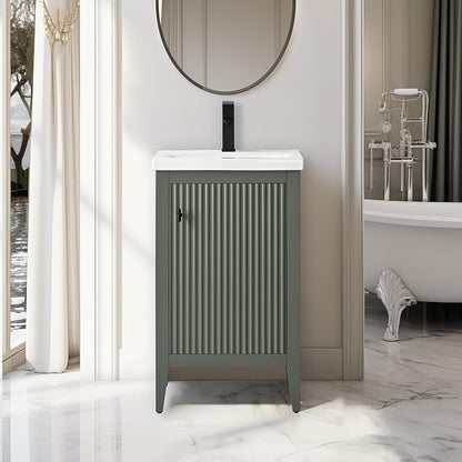 Vanity Art 20 inch Bathroom Vanity with Single Sink & Ceramic Top, Vanity Cabinet with Soft-Closing Door, Solid Wood Frame, Linear Pattern, Vintage Green, VA9120-VG-MB,Matte Black Handles