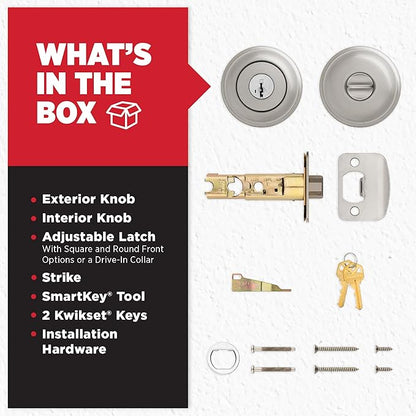 Kwikset Juno Entry Door Knob with Lock and Key, Secure Keyed Handle Exterior, Front Entrance and Bedroom, Satin Nickel, Pick Resistant SmartKey Rekey Security and Microban, 2