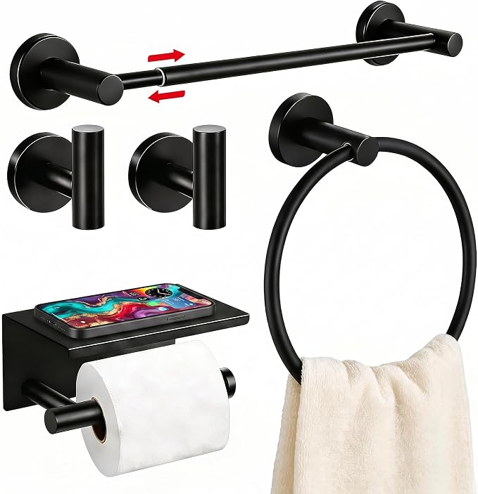 5Pcs Bathroom Hardware Set, Matte Black Bathroom Accessories Set with 24" Towel Bar, Upgraded Toilet Paper Holder with Shelf, Towel Ring & 2 Robe Hooks, Wall Mounted Stainless Steel Bath Hardware Set