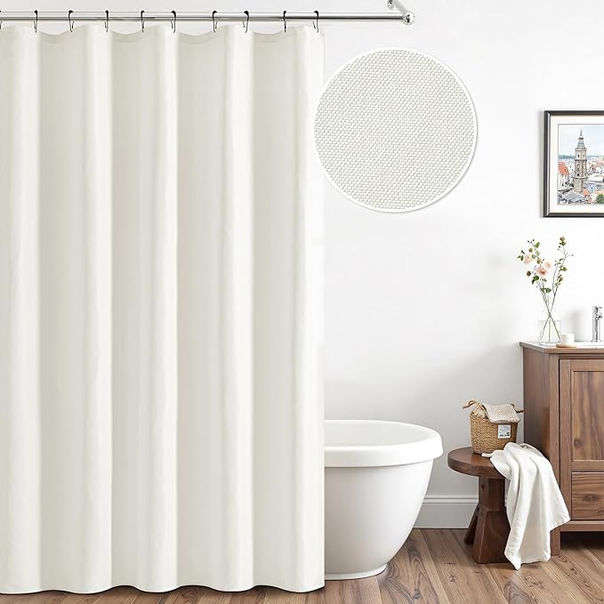 ANRODUO White Linen Textured Fabric Shower Curtain Set - 60"x72" with 10 Rust Resistant Durable Metal Hooks, Waterproof & Heavy Duty Polyester, Button Hole Design, Machine Washable for Bathroom