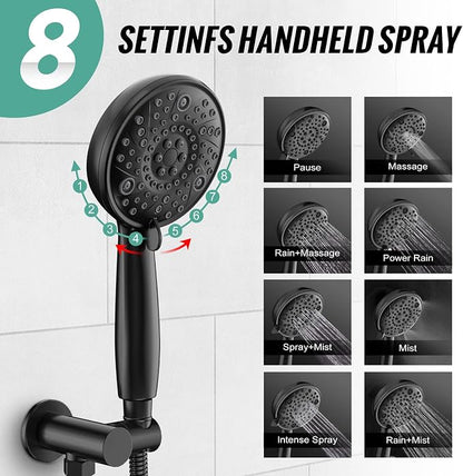 SR SUN RISE Shower Faucet - 8 Inch Multifunctional High Pressure Shower Head System with Handheld Shower Head Fixtures - Valve Included - Matte Black