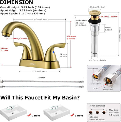 Bathroom Sink Faucet 4 Inch Centerset for Vanity, Brushed Gold | Mid Arc, 2 Handle Lead-Free Deck Mount Bathroom Faucet with Pop Up Drain Supply Lines, for 2 or 3 Hole Lavatory Utility Sink