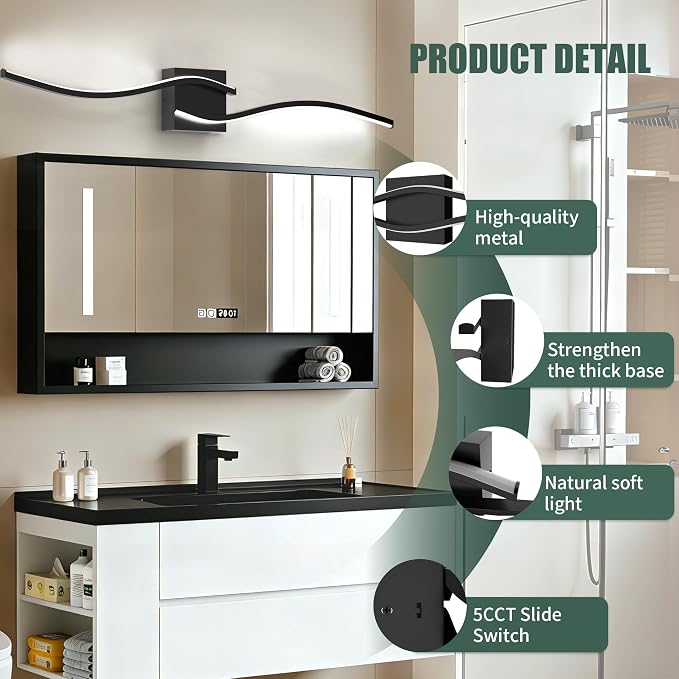 LED Bathroom Vanity Light Dimmable 5CCT 40in, Matte Black | 2700K-6500K Selectable, CRI>80, Rust-Proof Metal & Acrylic, ETL Certified, For Bathroom Mirrors, Washrooms, Vanity Areas
