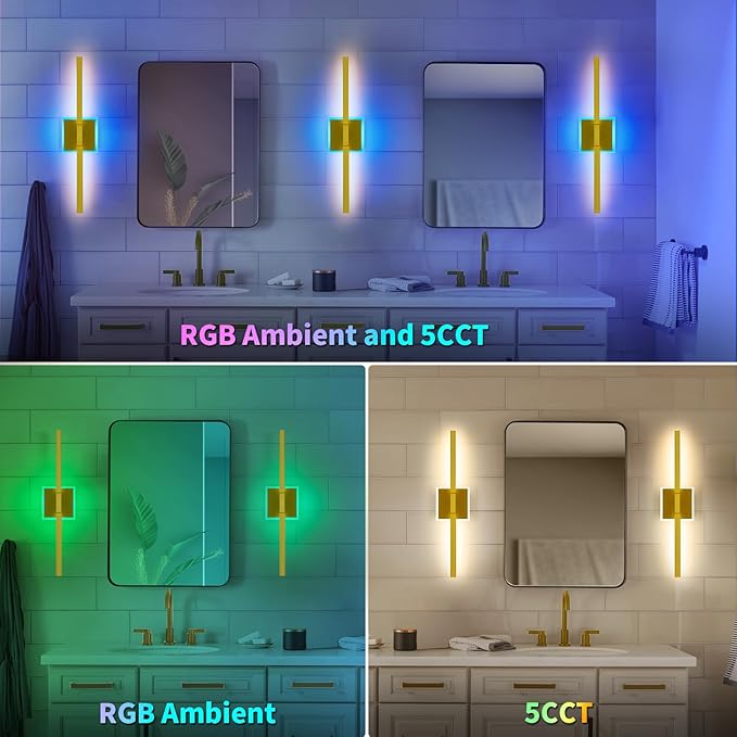 Gold Bathroom Vanity Light Fixtures Over Mirror, Modern 5CCT Adjustable Led Vanity Lights Fixture with RGB Ambiance Lighting, 24 Inch Bar Bathroom Sconce Picture Lights for Wall