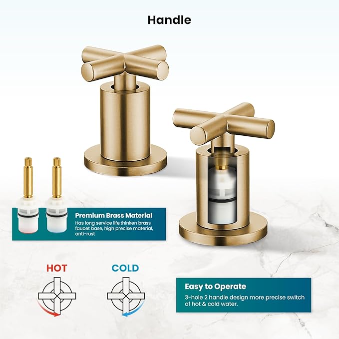 gotonovo 3 Hole Bathroom Faucet 8 inch Widespread Sink Vanity Faucet for Bathroom Sink 2 Cross Handle Deck Mount Basin with Pop Up Drain 360° Swivel Spout Brushed Gold