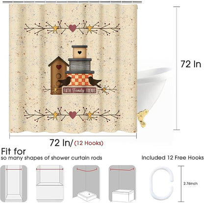 Shower Curtain, for Bathroom Decor 72 x 72 Inch, Country Primitive | Heart Pip Berry Birdhouse Waterproof Polyester Fabric Shower Curtains Set with Hooks