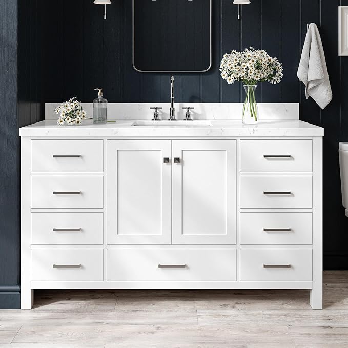 ARIEL Cambridge 60-inch Bathroom Vanity with Sink,Solid Wood, 1.5-inch Carrara White Quartz Countertop, Single Rectangular Porcelain Sink, 2 Soft Closing Doors, 9 Dovetail Drawers, White