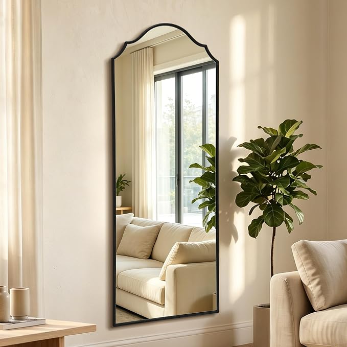 Besdomus Scalloped Full Length Mirror: 21"x56" Black Arched Floor Mirror | Classical Minimalist Wooden Frame Body Long Mirror for Wall/Bedroom/Cloakroom/Entryway/Living Room - Home Decor for Housewife