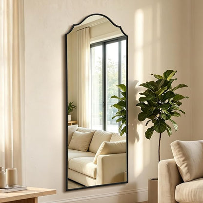 Besdomus Scalloped Full Length Mirror: 21"x56" Black Arched Floor Mirror | Classical Minimalist Wooden Frame Body Long Mirror for Wall/Bedroom/Cloakroom/Entryway/Living Room - Home Decor for Housewife