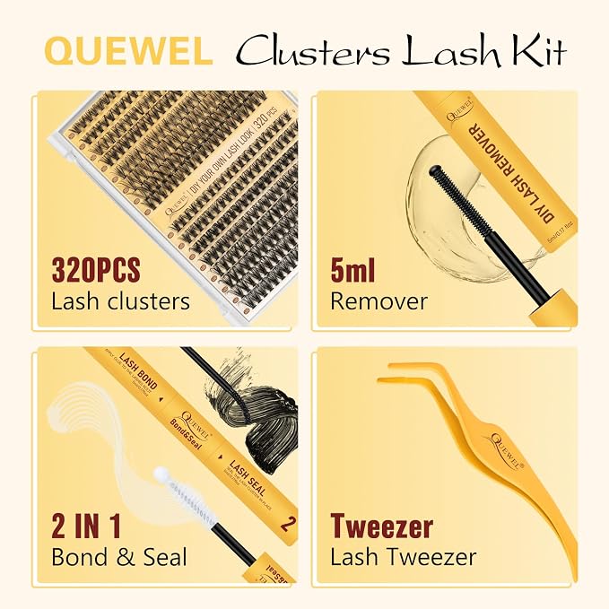 QUEWEL Lash Clusters Kit, 320 Pcs 30D+40D Lash Cluster Eyelash Extensions | 9-16mm Lash Clusters Wispy Kit with Eyelash Clusters Bond and Seal Glue Remover Tweezers (30D+40D Kit)