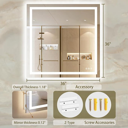 36"x36" LED Bathroom Mirror with Lights, Anti-Fog, Backlit+Frontlit | CRI 95, Stepless Dimmable, 3 Colors Lighting, Shatterproof Tempered Glass, HD Reflection, Memory, (Horizontal/Vertical)