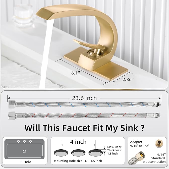 Brushed Gold Bathroom Sink Vanity Elegance Swan Faucet for 1 Hole With 6-Inch 3 Hole Deckplate,Rikaziya Bathroom Fixtures Basin Mixer Faucets Centerset With 9/16" Supply Hose and to 1/2" Adapter Combo