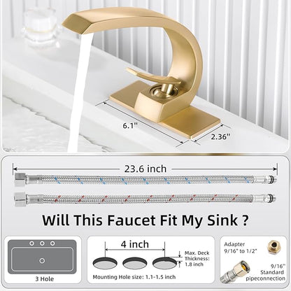 Brushed Gold Bathroom Sink Vanity Elegance Swan Faucet for 1 Hole With 6-Inch 3 Hole Deckplate,Rikaziya Bathroom Fixtures Basin Mixer Faucets Centerset With 9/16" Supply Hose and to 1/2" Adapter Combo
