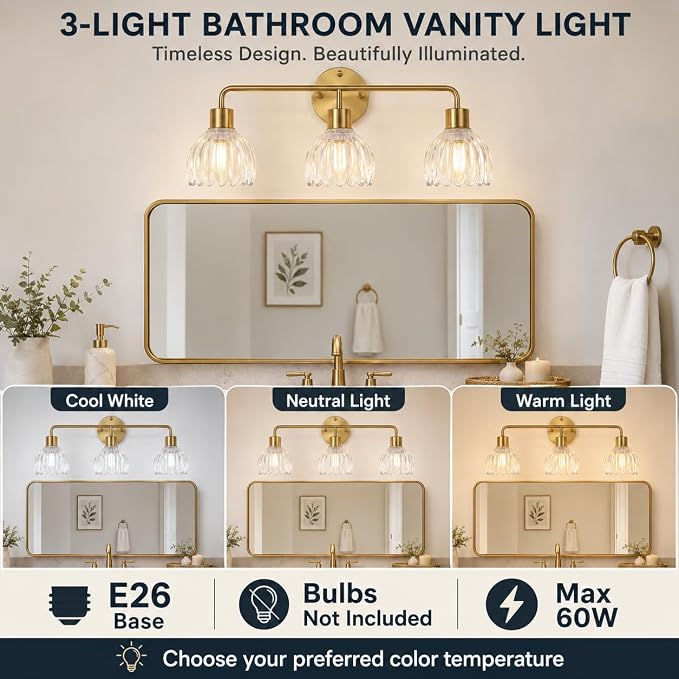 3-Light Gold Brass Bathroom Light Fixture with Clear Tulip Glass Shade,Wall Sconces,Vintage Vanlity Light Over Mirror,Bathroom Wall Light,E26 Socket(Bulbs Not Included)