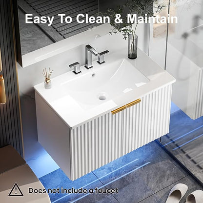 Bathroom Vanity with Sink, 30" Wall Mounted Floating Vanity Cabinet, Modern Bathroom Sinks with LED Light, Metal Handle & Double Soft-Close Doors, White