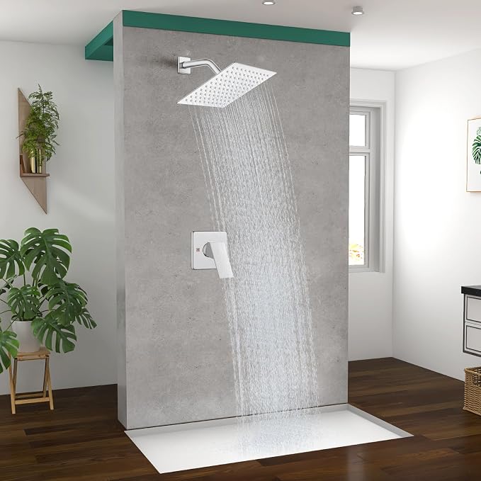 Heyalan 8-Inch Square Rain Shower Faucet Set with Valve, Polished Chrome | SUS304 stainless steel shower head, male NPT 1/2-inch valve, single-handle control, adjustable angle, 1.8 GPM