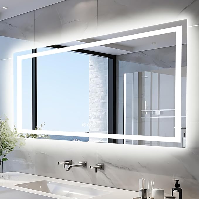 EchosLife 60"x28" LED Bathroom Mirrors for Wall | Backlit + Front Lit, Anti-Fog, Stepless Dimmable, 3 Colors, Memory, Tempered Glass, UL Listed, Horizontal/Vertical