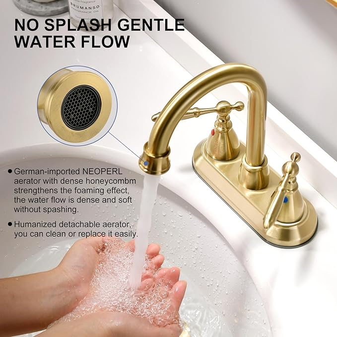 Brushed Gold Bathroom Faucet with Pop-up Drain Assembly, 2 Handles Centerset Bathroom Sink Faucet 4 Inch with 360° Swivel Spout, Stainless Steel Faucet for Vanity Sink with Water Supply Lines