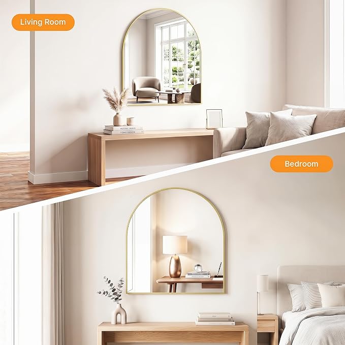 Sweetcrispy 31"x32" Arched Bathroom Mirror, Bathroom Mirrors for Over Sink | Modern Wall Mirrors Arch Decorative for Entryway, Bedroom, Vanity,Horizontal or Vertical Hanging, Gold