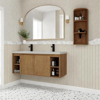 Floating Bathroom Vanity, 48" Bathroom Storage Cabinet with Double Resin Sinks, 2 Soft-Close Doors & 4 Open Storage Shelves, Wall-Mounted Vanity with Extra Three-Layer Spacious Shelves, Oak