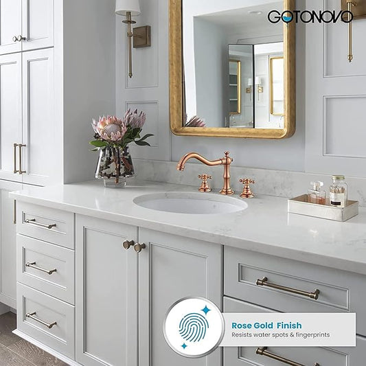 gotonovo 3 Hole Widespread Bathroom Sink Faucet Double Cross Handle Mixer Tap Faucet for Bathroom Sink Vanity Faucet Deck Mount Basin Hot Cold Water Matching Pop Up Drain Rose Gold