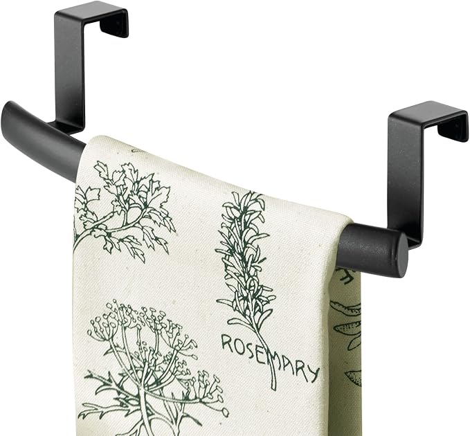 mDesign Steel Over Door Curved Towel Bar Storage, Hanger for Cabinet or Cupboard, Holder Rack for Kitchen, Bathroom - Holds Hand/Dish Towels, Washcloths - Spira Collection - 2 Pack - Black