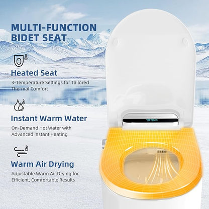 Electric Bidet Toilet Seat Round - Smart Heated Toilet Seat with Remote Control, Instant Warm Water, Self-Cleaning Nozzle, Warm Air Dryer, Feminine Wash, Soft Close, LED Display