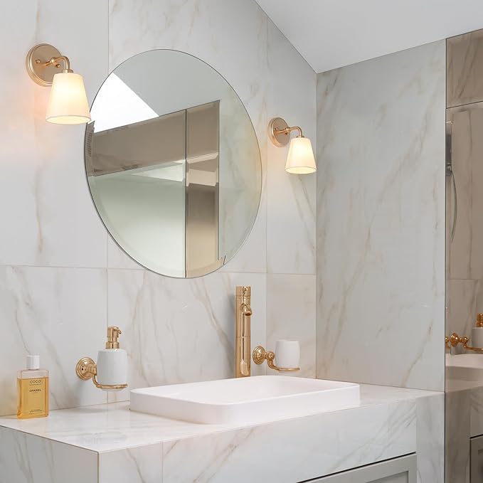 Gold Wall Sconce, Modern 1-Light Sconces Wall Lighting with Fabric Shade for Bathroom, Bedroom, Kitchen and Living Room