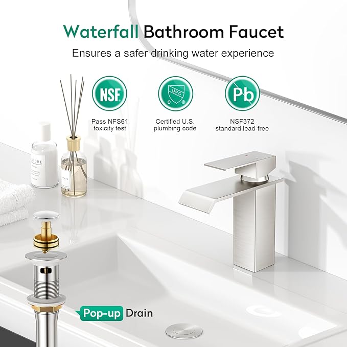 CREA Waterfall Bathroom Faucet 1 Hole,Brushed Nickel Bathroom Faucet Single Handle Bathroom Sink Faucet with Pop Up Drain Stopper/ 3 Hole Plate,Stainless Steel RV Vanity Faucet Basin Mixer Tap